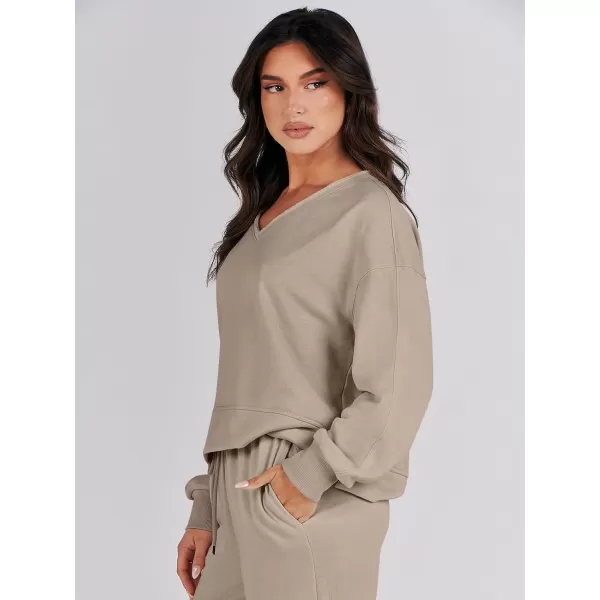 imageANRABESS Womens Two Piece Outfits Matching Sets Long Sleeve Crop Pullover Top and Wide Leg Pants Tracksuit Lounge SetKhaki