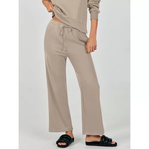 imageANRABESS Womens Two Piece Outfits Matching Sets Long Sleeve Crop Pullover Top and Wide Leg Pants Tracksuit Lounge SetKhaki