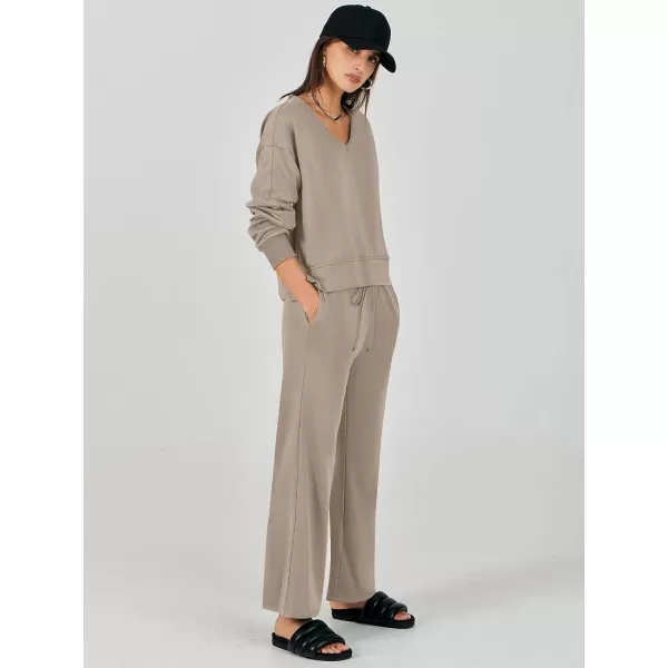 imageANRABESS Womens Two Piece Outfits Matching Sets Long Sleeve Crop Pullover Top and Wide Leg Pants Tracksuit Lounge SetKhaki