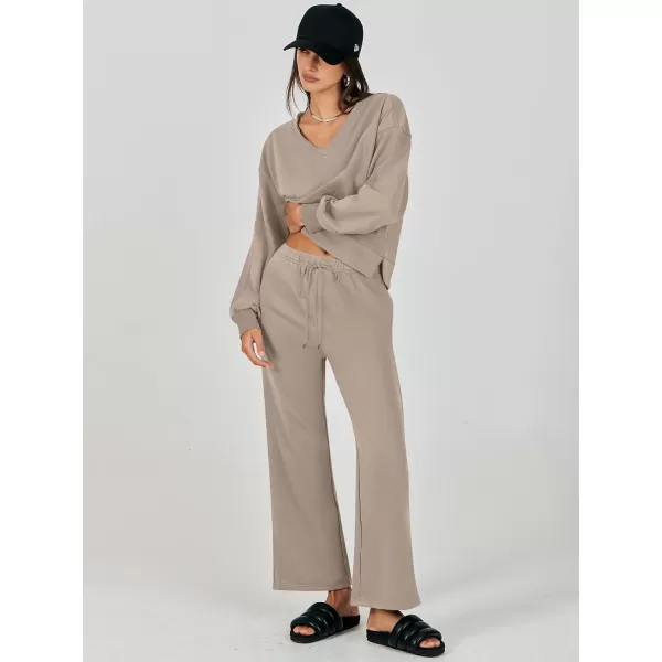 imageANRABESS Womens Two Piece Outfits Matching Sets Long Sleeve Crop Pullover Top and Wide Leg Pants Tracksuit Lounge SetKhaki
