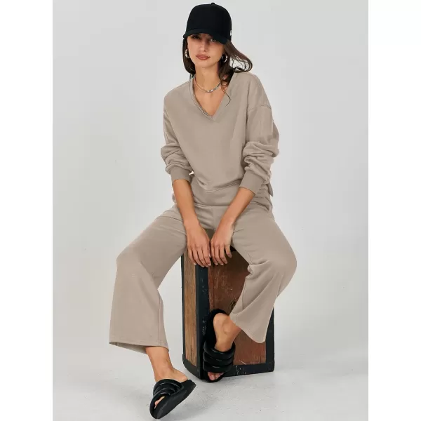 imageANRABESS Womens Two Piece Outfits Matching Sets Long Sleeve Crop Pullover Top and Wide Leg Pants Tracksuit Lounge SetKhaki