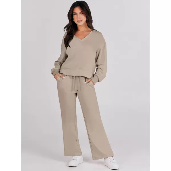 imageANRABESS Womens Two Piece Outfits Matching Sets Long Sleeve Crop Pullover Top and Wide Leg Pants Tracksuit Lounge SetKhaki