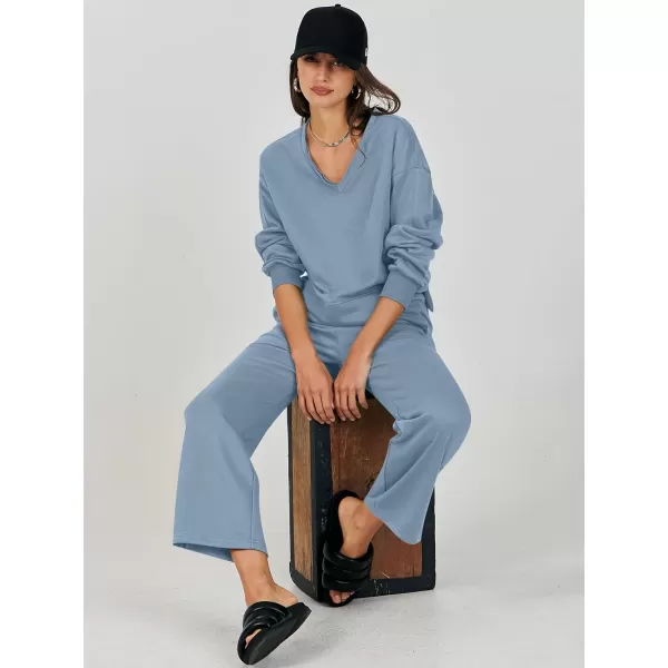 imageANRABESS Womens Two Piece Outfits Matching Sets Long Sleeve Crop Pullover Top and Wide Leg Pants Tracksuit Lounge SetLight Blue