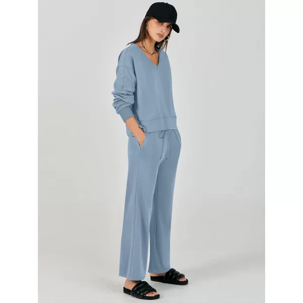 imageANRABESS Womens Two Piece Outfits Matching Sets Long Sleeve Crop Pullover Top and Wide Leg Pants Tracksuit Lounge SetLight Blue