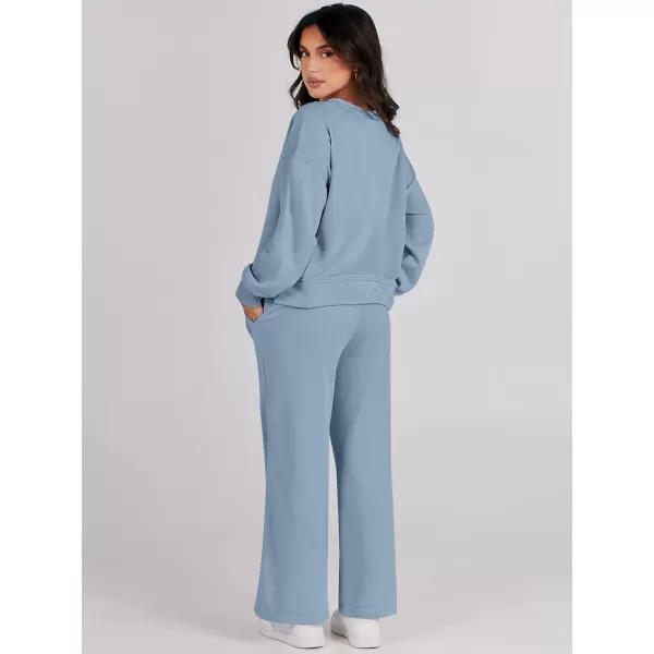 imageANRABESS Womens Two Piece Outfits Matching Sets Long Sleeve Crop Pullover Top and Wide Leg Pants Tracksuit Lounge SetLight Blue