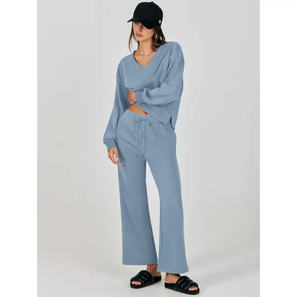 imageANRABESS Womens Two Piece Outfits Matching Sets Long Sleeve Crop Pullover Top and Wide Leg Pants Tracksuit Lounge SetLight Blue