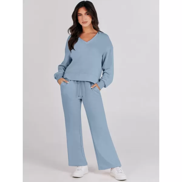 imageANRABESS Womens Two Piece Outfits Matching Sets Long Sleeve Crop Pullover Top and Wide Leg Pants Tracksuit Lounge SetLight Blue