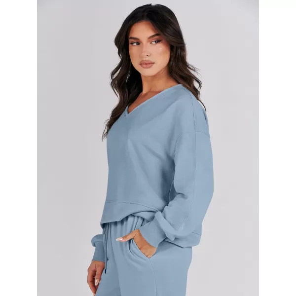 imageANRABESS Womens Two Piece Outfits Matching Sets Long Sleeve Crop Pullover Top and Wide Leg Pants Tracksuit Lounge SetLight Blue