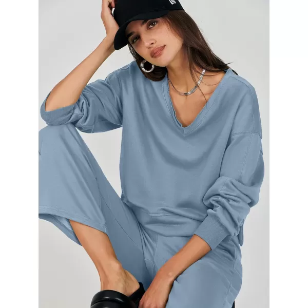 imageANRABESS Womens Two Piece Outfits Matching Sets Long Sleeve Crop Pullover Top and Wide Leg Pants Tracksuit Lounge SetLight Blue