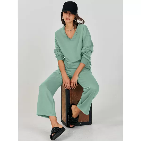 imageANRABESS Womens Two Piece Outfits Matching Sets Long Sleeve Crop Pullover Top and Wide Leg Pants Tracksuit Lounge SetLight Green
