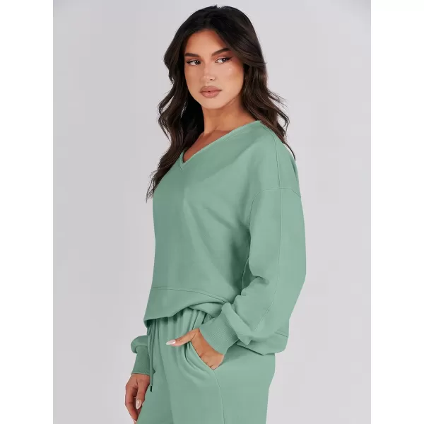 imageANRABESS Womens Two Piece Outfits Matching Sets Long Sleeve Crop Pullover Top and Wide Leg Pants Tracksuit Lounge SetLight Green