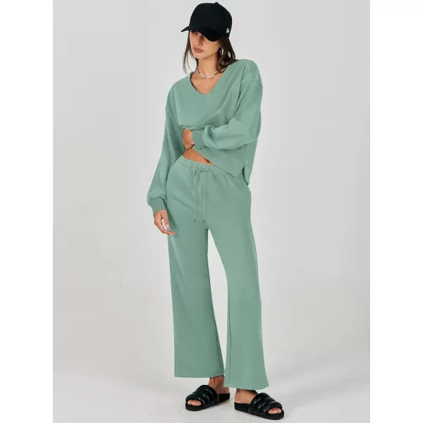 imageANRABESS Womens Two Piece Outfits Matching Sets Long Sleeve Crop Pullover Top and Wide Leg Pants Tracksuit Lounge SetLight Green