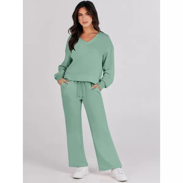 imageANRABESS Womens Two Piece Outfits Matching Sets Long Sleeve Crop Pullover Top and Wide Leg Pants Tracksuit Lounge SetLight Green