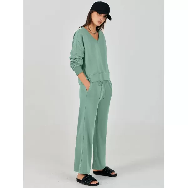 imageANRABESS Womens Two Piece Outfits Matching Sets Long Sleeve Crop Pullover Top and Wide Leg Pants Tracksuit Lounge SetLight Green