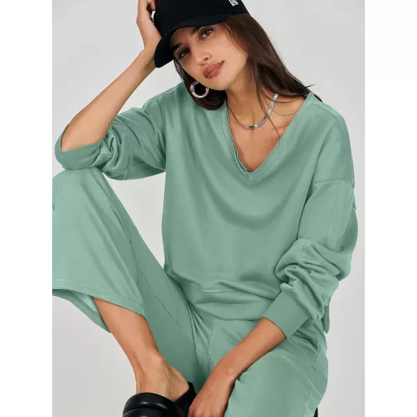 imageANRABESS Womens Two Piece Outfits Matching Sets Long Sleeve Crop Pullover Top and Wide Leg Pants Tracksuit Lounge SetLight Green