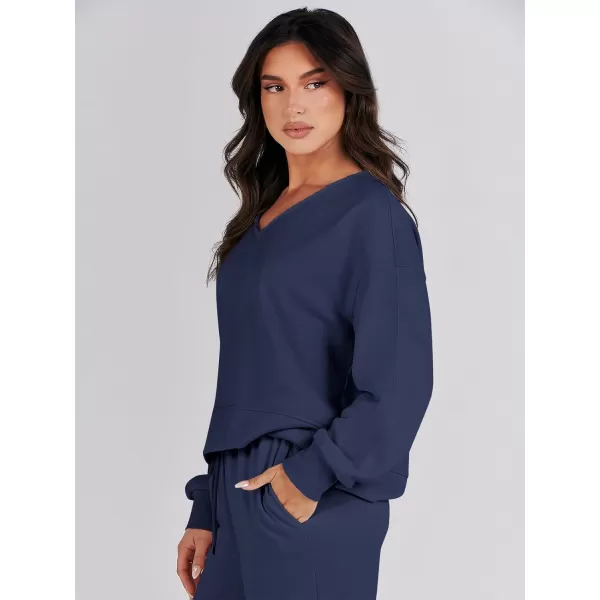 imageANRABESS Womens Two Piece Outfits Matching Sets Long Sleeve Crop Pullover Top and Wide Leg Pants Tracksuit Lounge SetNavy Blue