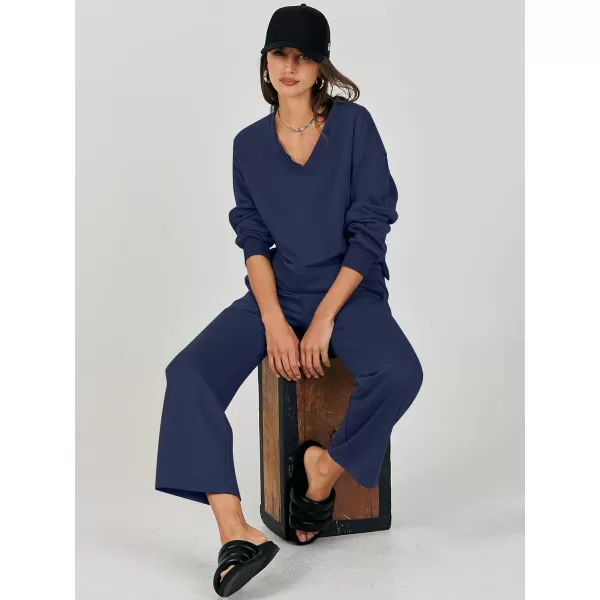 imageANRABESS Womens Two Piece Outfits Matching Sets Long Sleeve Crop Pullover Top and Wide Leg Pants Tracksuit Lounge SetNavy Blue