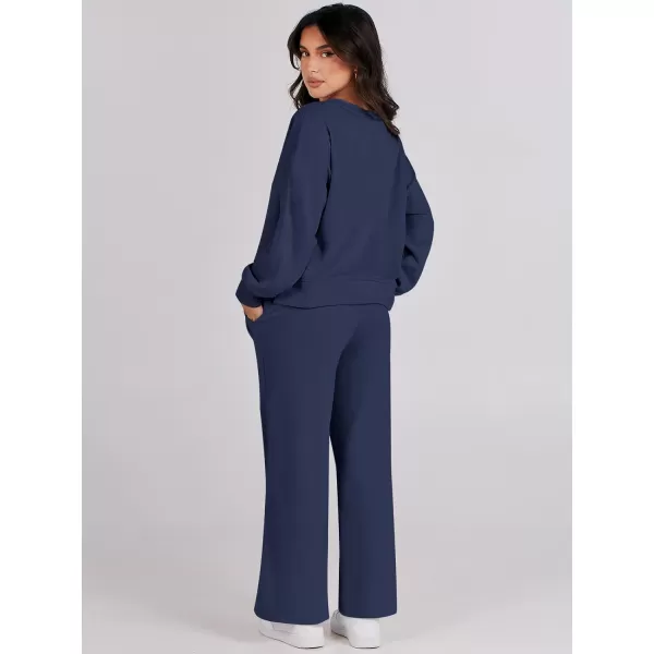 imageANRABESS Womens Two Piece Outfits Matching Sets Long Sleeve Crop Pullover Top and Wide Leg Pants Tracksuit Lounge SetNavy Blue