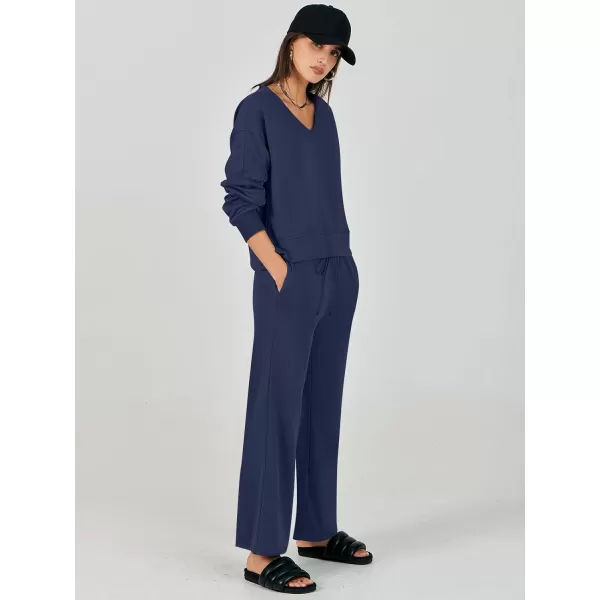 imageANRABESS Womens Two Piece Outfits Matching Sets Long Sleeve Crop Pullover Top and Wide Leg Pants Tracksuit Lounge SetNavy Blue