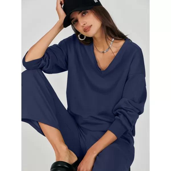 imageANRABESS Womens Two Piece Outfits Matching Sets Long Sleeve Crop Pullover Top and Wide Leg Pants Tracksuit Lounge SetNavy Blue