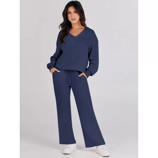 imageANRABESS Womens Two Piece Outfits Matching Sets Long Sleeve Crop Pullover Top and Wide Leg Pants Tracksuit Lounge SetNavy Blue