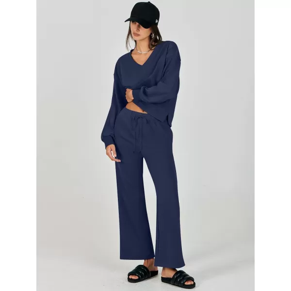 imageANRABESS Womens Two Piece Outfits Matching Sets Long Sleeve Crop Pullover Top and Wide Leg Pants Tracksuit Lounge SetNavy Blue