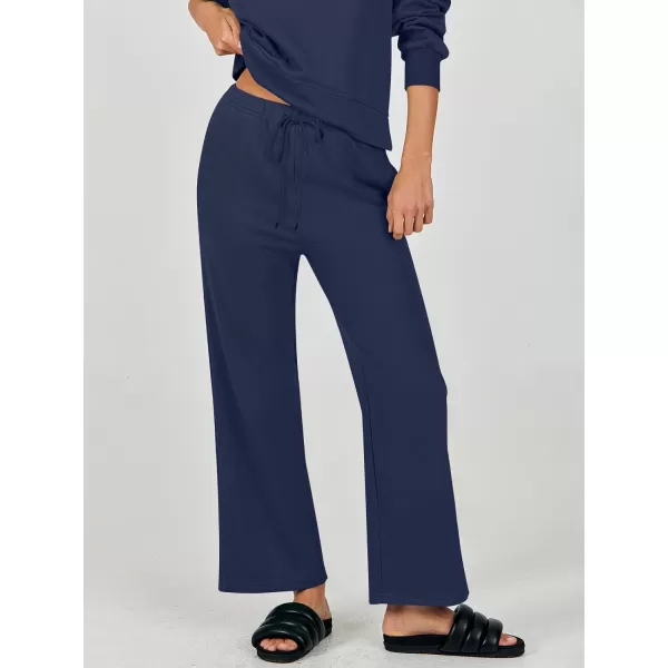 imageANRABESS Womens Two Piece Outfits Matching Sets Long Sleeve Crop Pullover Top and Wide Leg Pants Tracksuit Lounge SetNavy Blue