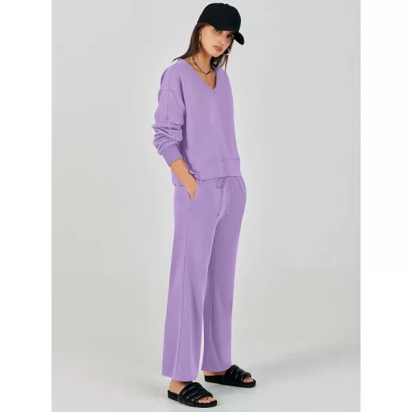 imageANRABESS Womens Two Piece Outfits Matching Sets Long Sleeve Crop Pullover Top and Wide Leg Pants Tracksuit Lounge SetPurple