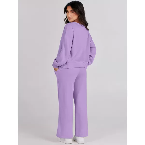 imageANRABESS Womens Two Piece Outfits Matching Sets Long Sleeve Crop Pullover Top and Wide Leg Pants Tracksuit Lounge SetPurple
