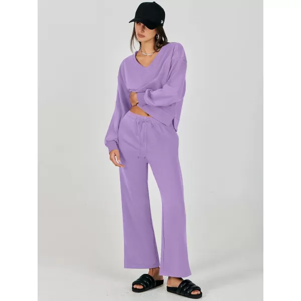 imageANRABESS Womens Two Piece Outfits Matching Sets Long Sleeve Crop Pullover Top and Wide Leg Pants Tracksuit Lounge SetPurple