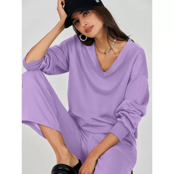 imageANRABESS Womens Two Piece Outfits Matching Sets Long Sleeve Crop Pullover Top and Wide Leg Pants Tracksuit Lounge SetPurple