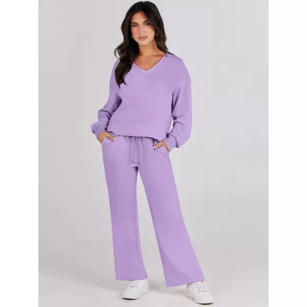 imageANRABESS Womens Two Piece Outfits Matching Sets Long Sleeve Crop Pullover Top and Wide Leg Pants Tracksuit Lounge SetPurple