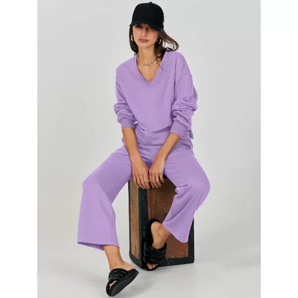 imageANRABESS Womens Two Piece Outfits Matching Sets Long Sleeve Crop Pullover Top and Wide Leg Pants Tracksuit Lounge SetPurple