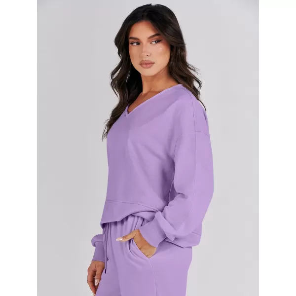 imageANRABESS Womens Two Piece Outfits Matching Sets Long Sleeve Crop Pullover Top and Wide Leg Pants Tracksuit Lounge SetPurple
