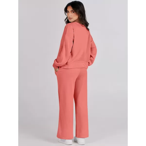 imageANRABESS Womens Two Piece Outfits Matching Sets Long Sleeve Crop Pullover Top and Wide Leg Pants Tracksuit Lounge SetRust Orange