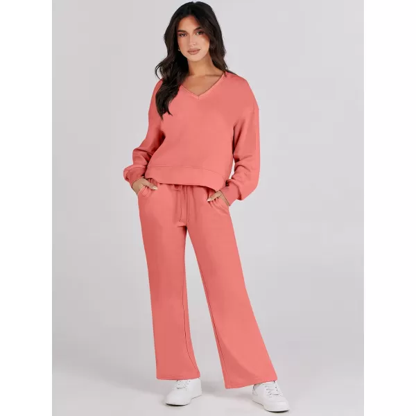 imageANRABESS Womens Two Piece Outfits Matching Sets Long Sleeve Crop Pullover Top and Wide Leg Pants Tracksuit Lounge SetRust Orange