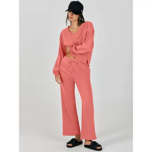 imageANRABESS Womens Two Piece Outfits Matching Sets Long Sleeve Crop Pullover Top and Wide Leg Pants Tracksuit Lounge SetRust Orange