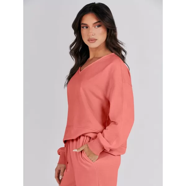 imageANRABESS Womens Two Piece Outfits Matching Sets Long Sleeve Crop Pullover Top and Wide Leg Pants Tracksuit Lounge SetRust Orange