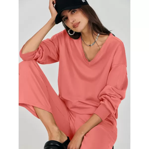 imageANRABESS Womens Two Piece Outfits Matching Sets Long Sleeve Crop Pullover Top and Wide Leg Pants Tracksuit Lounge SetRust Orange