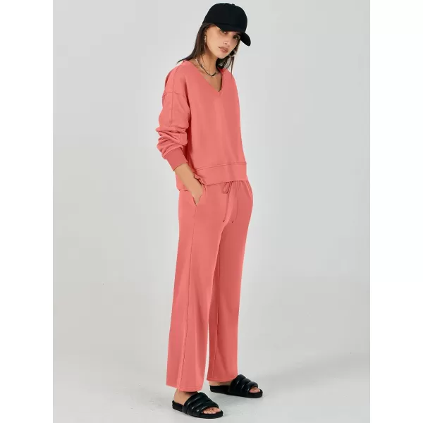 imageANRABESS Womens Two Piece Outfits Matching Sets Long Sleeve Crop Pullover Top and Wide Leg Pants Tracksuit Lounge SetRust Orange