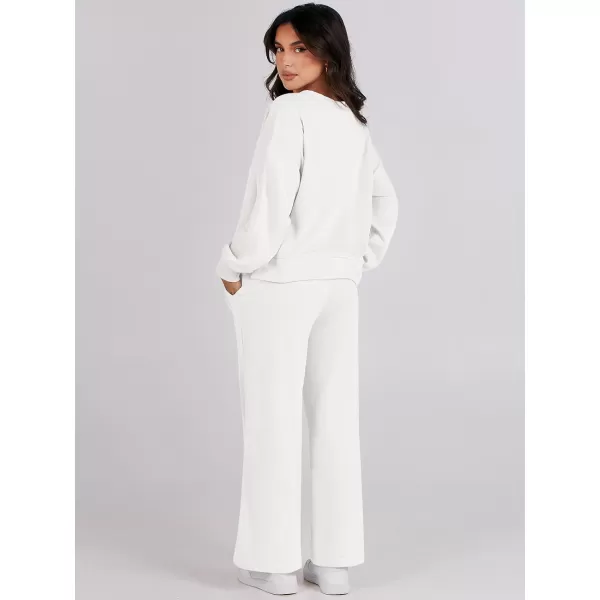 imageANRABESS Womens Two Piece Outfits Matching Sets Long Sleeve Crop Pullover Top and Wide Leg Pants Tracksuit Lounge SetWhite