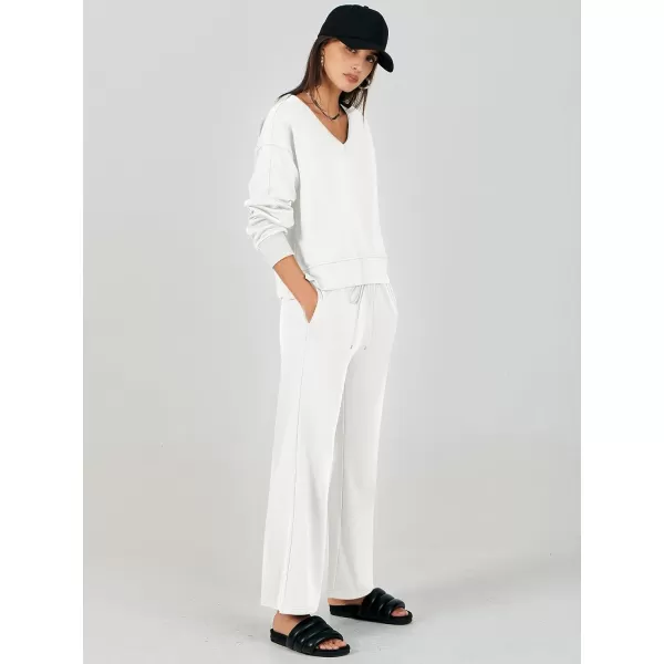 imageANRABESS Womens Two Piece Outfits Matching Sets Long Sleeve Crop Pullover Top and Wide Leg Pants Tracksuit Lounge SetWhite