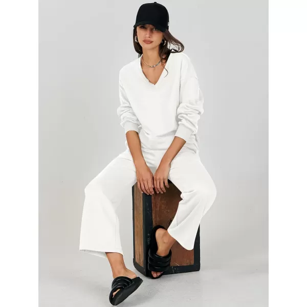 imageANRABESS Womens Two Piece Outfits Matching Sets Long Sleeve Crop Pullover Top and Wide Leg Pants Tracksuit Lounge SetWhite