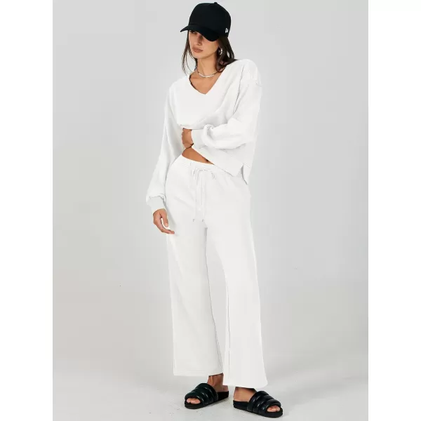 imageANRABESS Womens Two Piece Outfits Matching Sets Long Sleeve Crop Pullover Top and Wide Leg Pants Tracksuit Lounge SetWhite