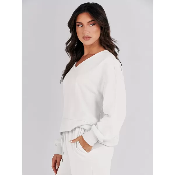 imageANRABESS Womens Two Piece Outfits Matching Sets Long Sleeve Crop Pullover Top and Wide Leg Pants Tracksuit Lounge SetWhite
