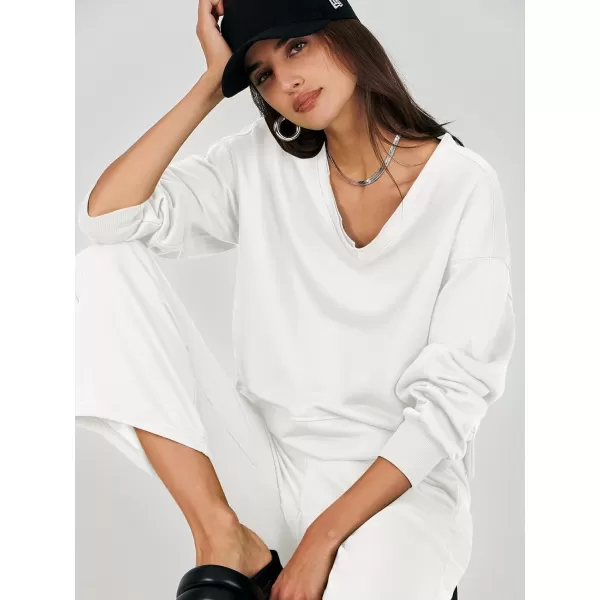imageANRABESS Womens Two Piece Outfits Matching Sets Long Sleeve Crop Pullover Top and Wide Leg Pants Tracksuit Lounge SetWhite