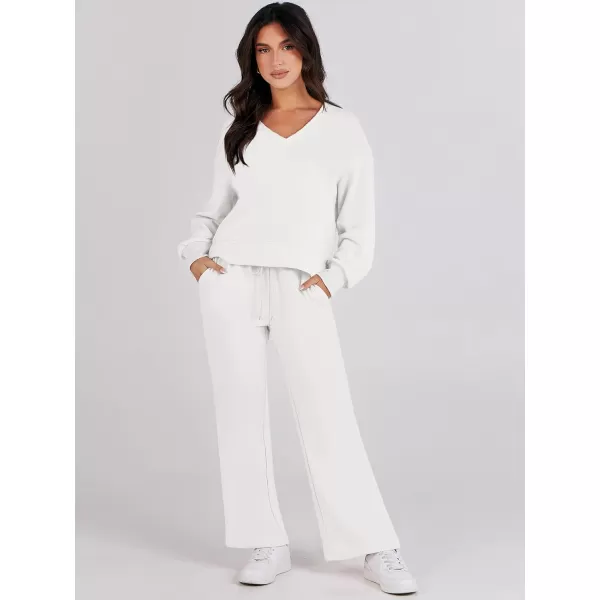 imageANRABESS Womens Two Piece Outfits Matching Sets Long Sleeve Crop Pullover Top and Wide Leg Pants Tracksuit Lounge SetWhite