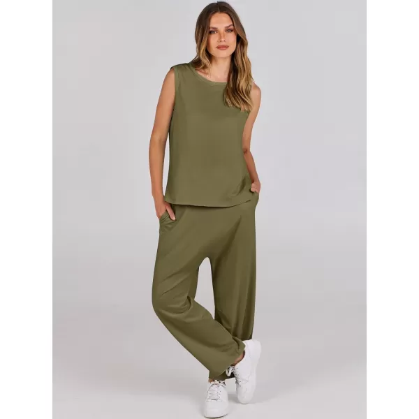 imageANRABESS Womens Two Piece Outfits Sleeveless Top  Harem Cropped Pants Matching Lounge Summer Sets 2024 Fashion ClothesArmy Green