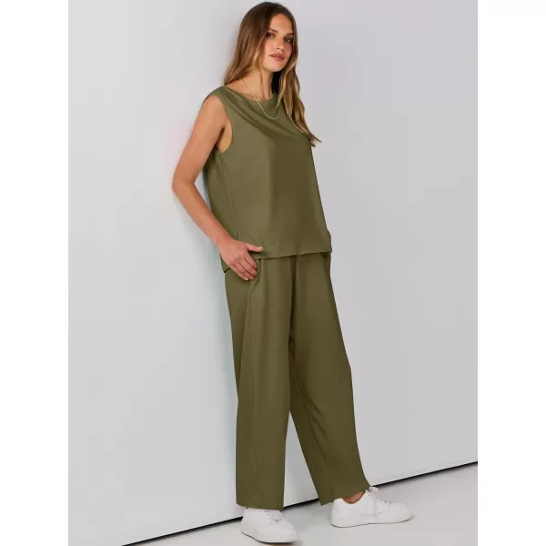 imageANRABESS Womens Two Piece Outfits Sleeveless Top  Harem Cropped Pants Matching Lounge Summer Sets 2024 Fashion ClothesArmy Green