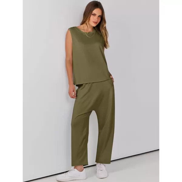 imageANRABESS Womens Two Piece Outfits Sleeveless Top  Harem Cropped Pants Matching Lounge Summer Sets 2024 Fashion ClothesArmy Green